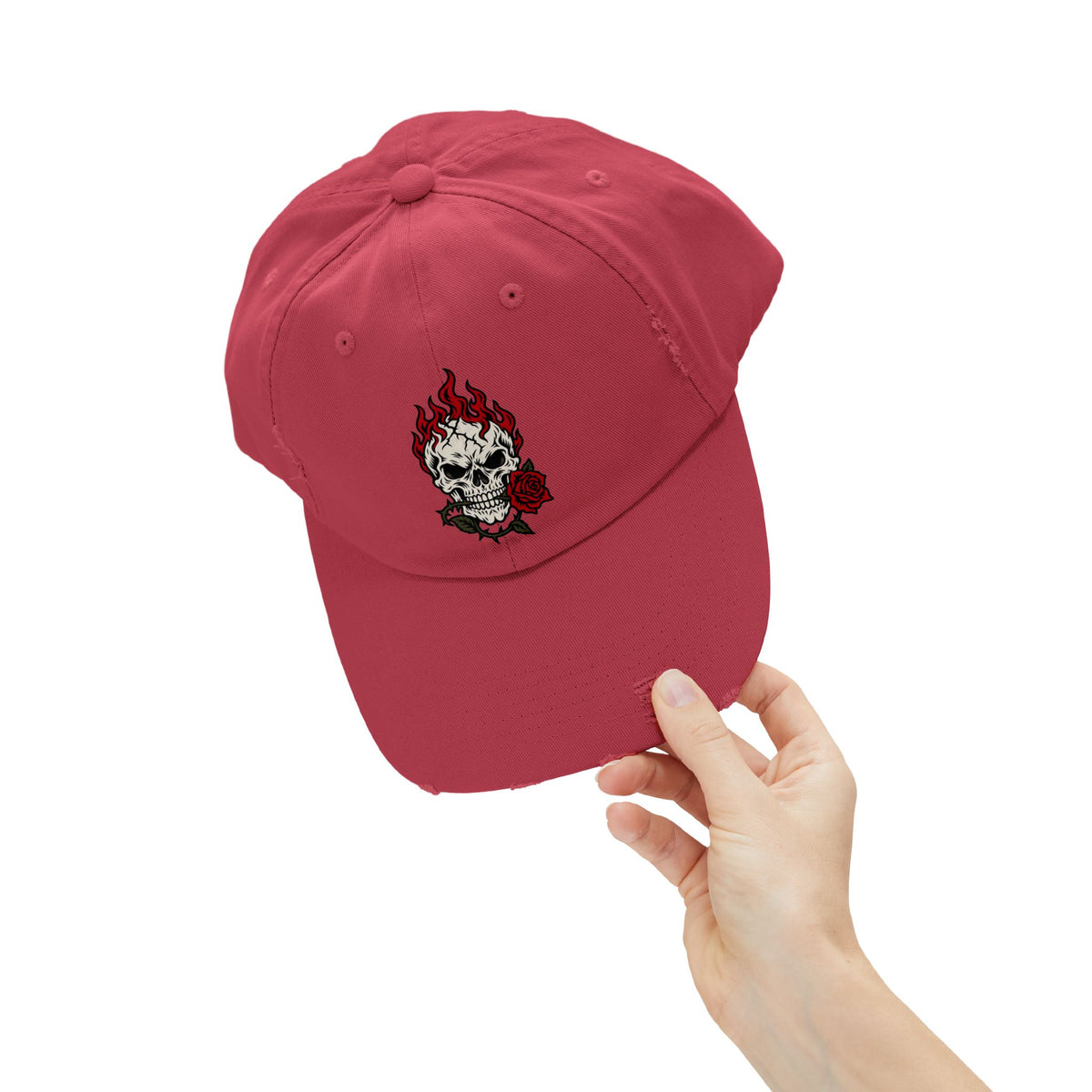 Distressed Cap — Flaming Skull with Rose