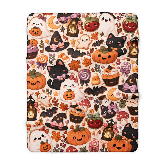 Halloween Cute Pattern Sherpa Blanket — Kawaii Pumpkins, Cats & Ghosts Cozy Throw