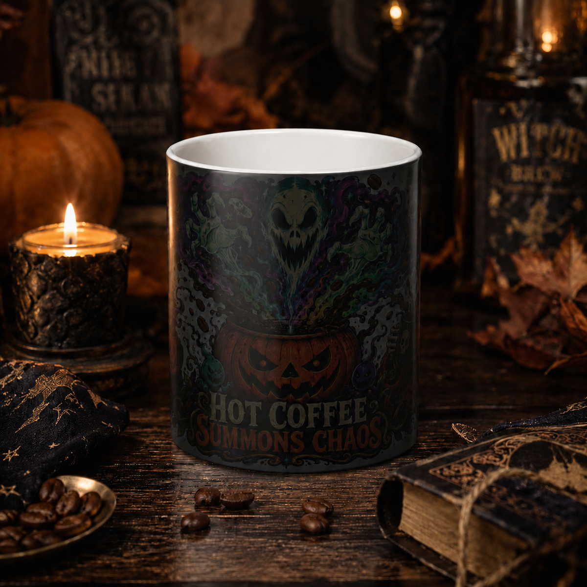 Color-Changing Mug — "Hot Coffee Summons Chaos" Halloween Pumpkin Ghost Design, 11oz