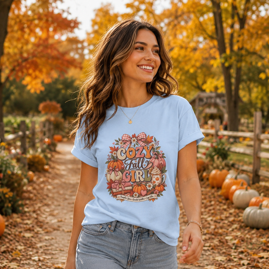 Cozy Fall Girl T-Shirt — Autumn Floral Pumpkin Graphic Tee
