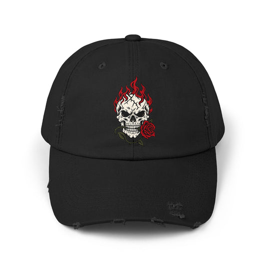 Distressed Cap — Flaming Skull with Rose