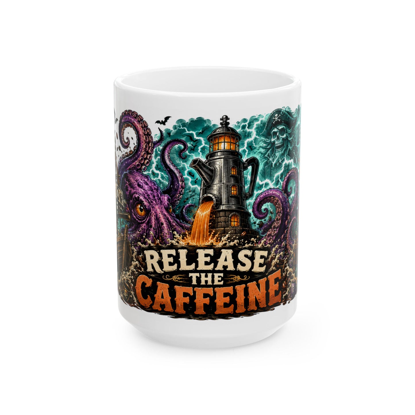 Release the Caffeine Ceramic Mug — Octopus Lighthouse Coffee Lover Mug (11oz/15oz)