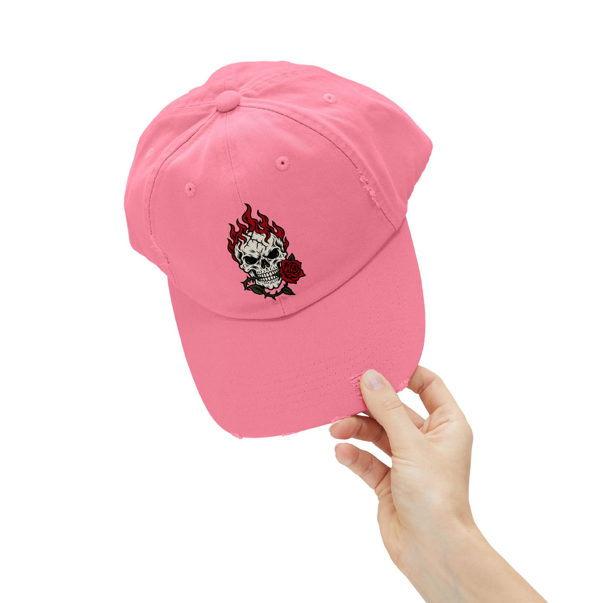 Distressed Cap — Flaming Skull with Rose