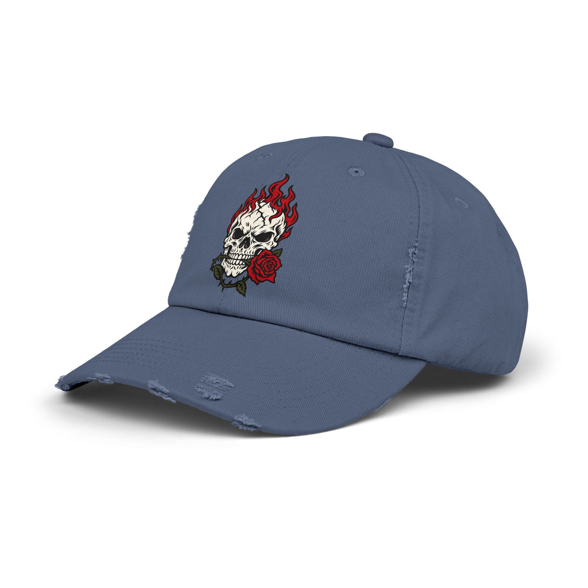 Distressed Cap — Flaming Skull with Rose