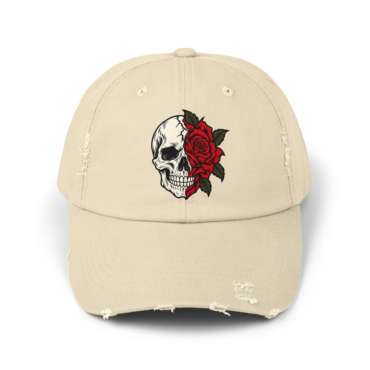 Skull & Rose Distressed Cap — Gothic Floral Baseball Hat