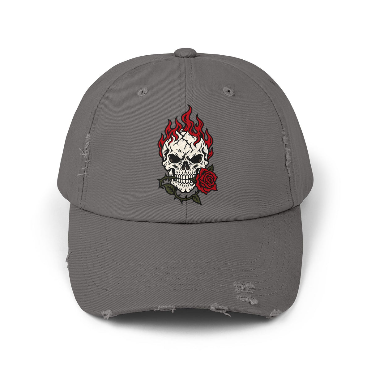 Distressed Cap — Flaming Skull with Rose