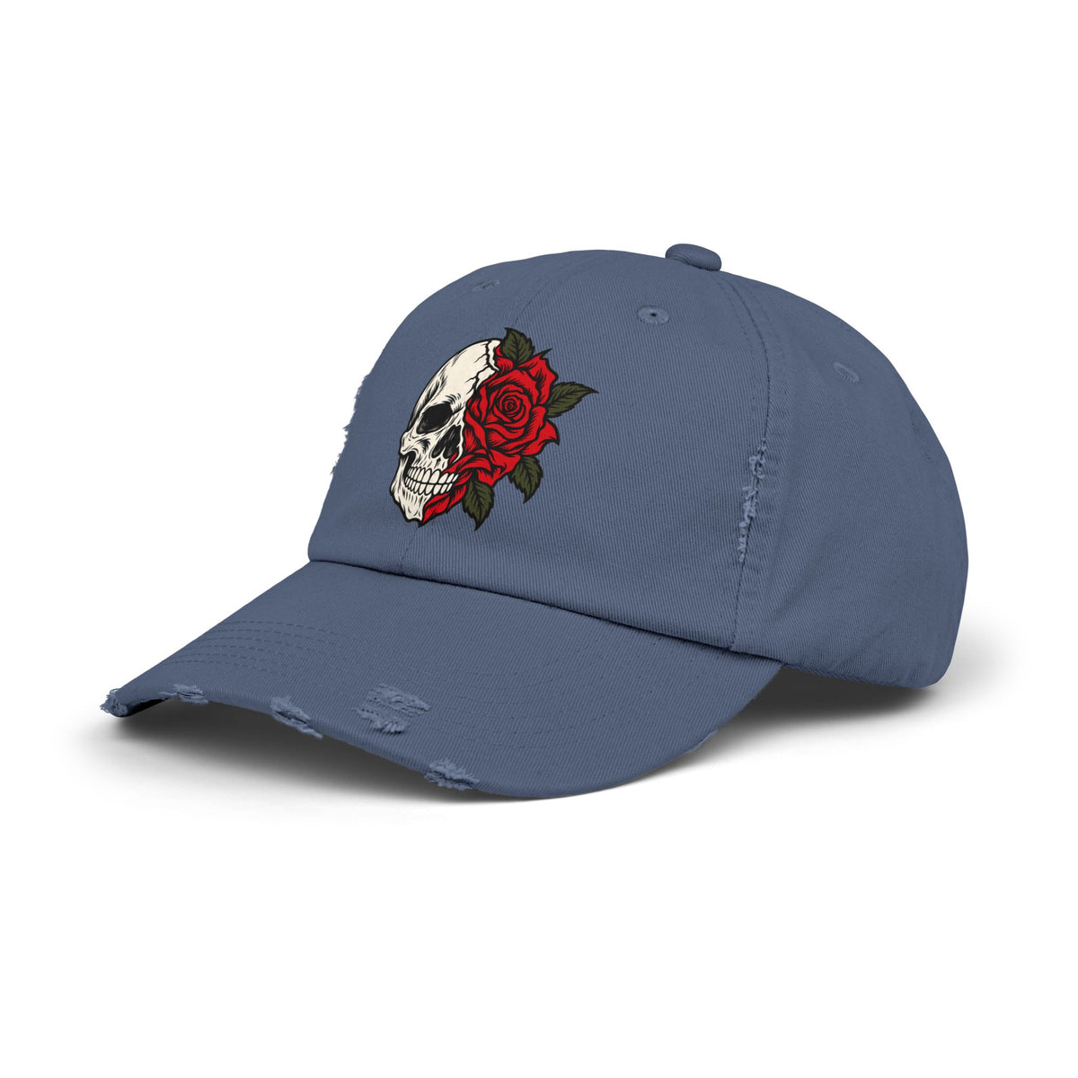 Skull & Rose Distressed Cap — Gothic Floral Baseball Hat