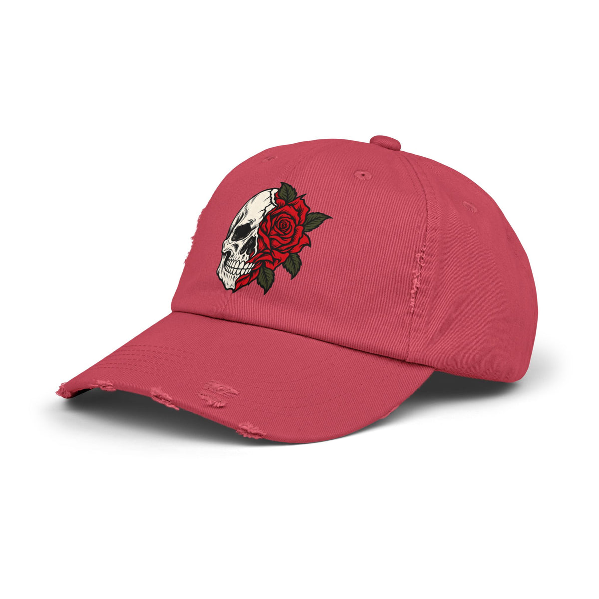 Skull & Rose Distressed Cap — Gothic Floral Baseball Hat
