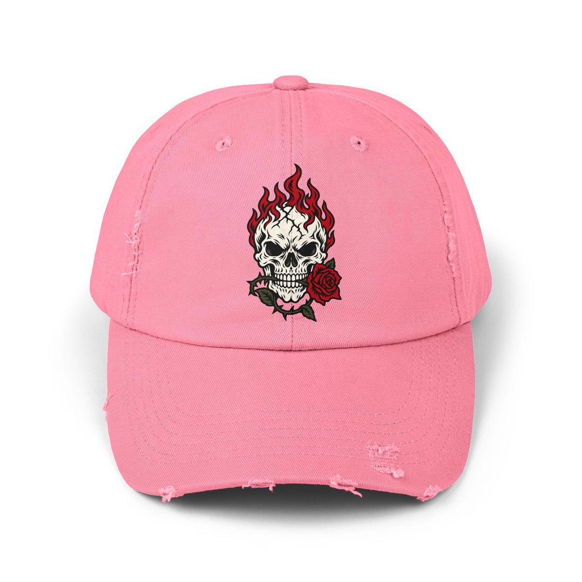 Distressed Cap — Flaming Skull with Rose