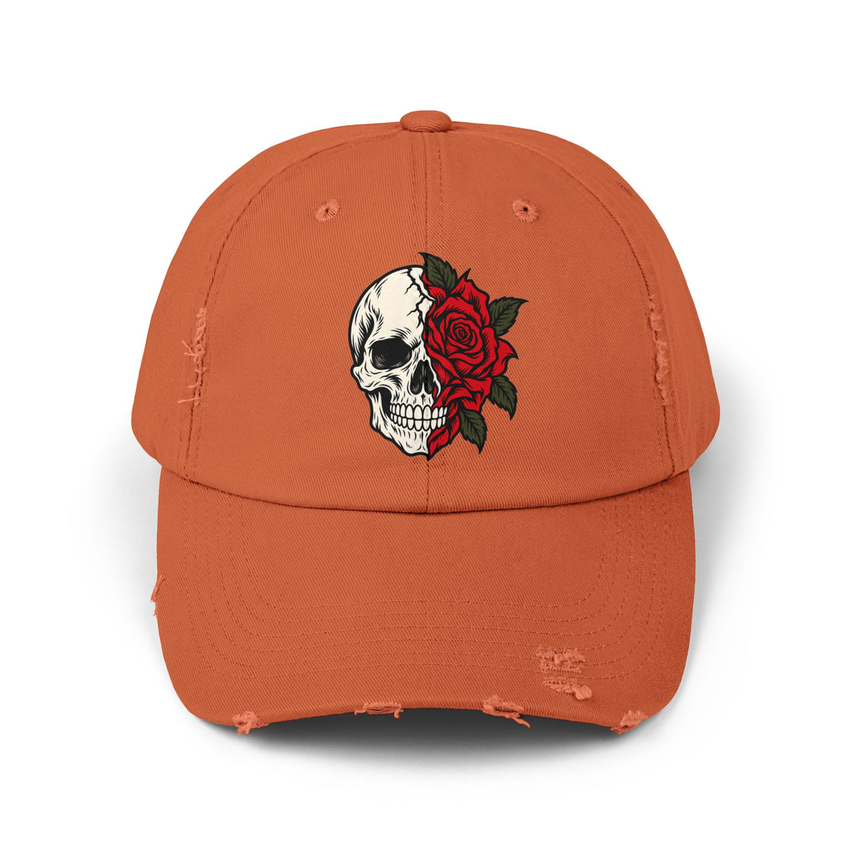 Skull & Rose Distressed Cap — Gothic Floral Baseball Hat