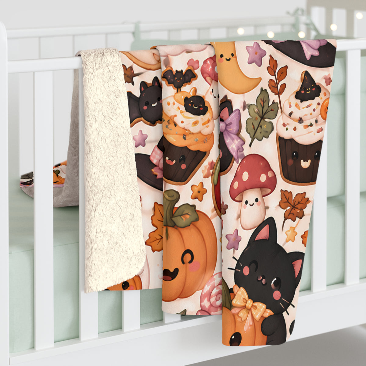 Halloween Cute Pattern Sherpa Blanket — Kawaii Pumpkins, Cats & Ghosts Cozy Throw