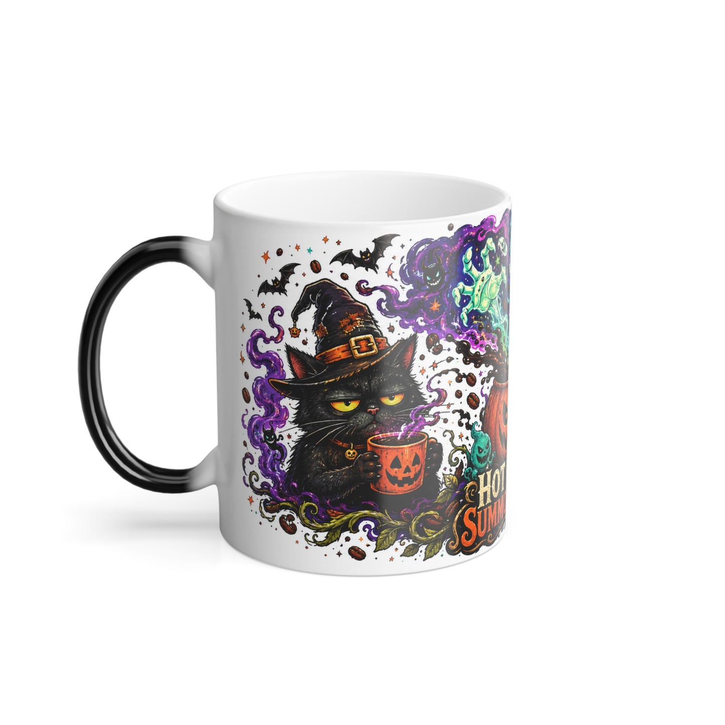 Color-Changing Mug — "Hot Coffee Summons Chaos" Halloween Pumpkin Ghost Design, 11oz