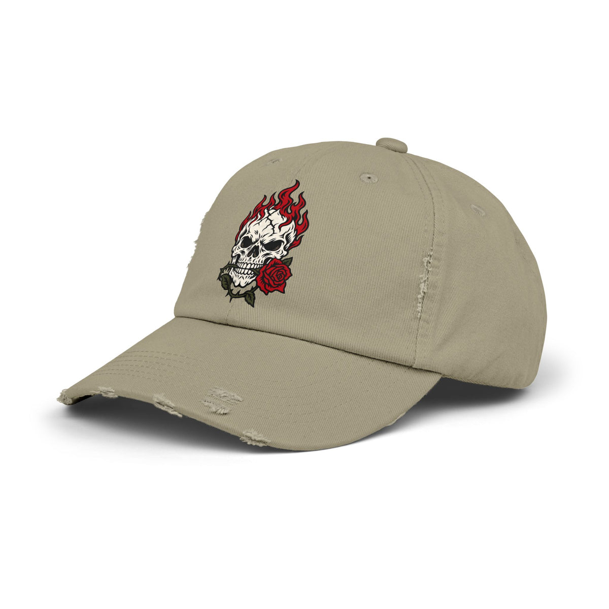 Distressed Cap — Flaming Skull with Rose