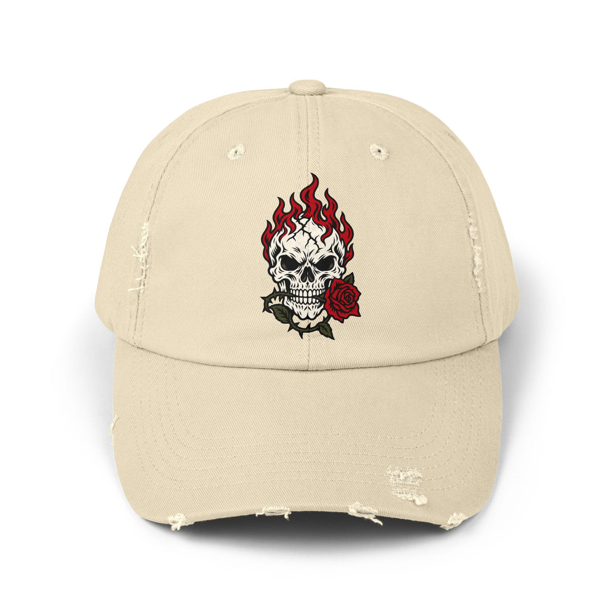 Distressed Cap — Flaming Skull with Rose