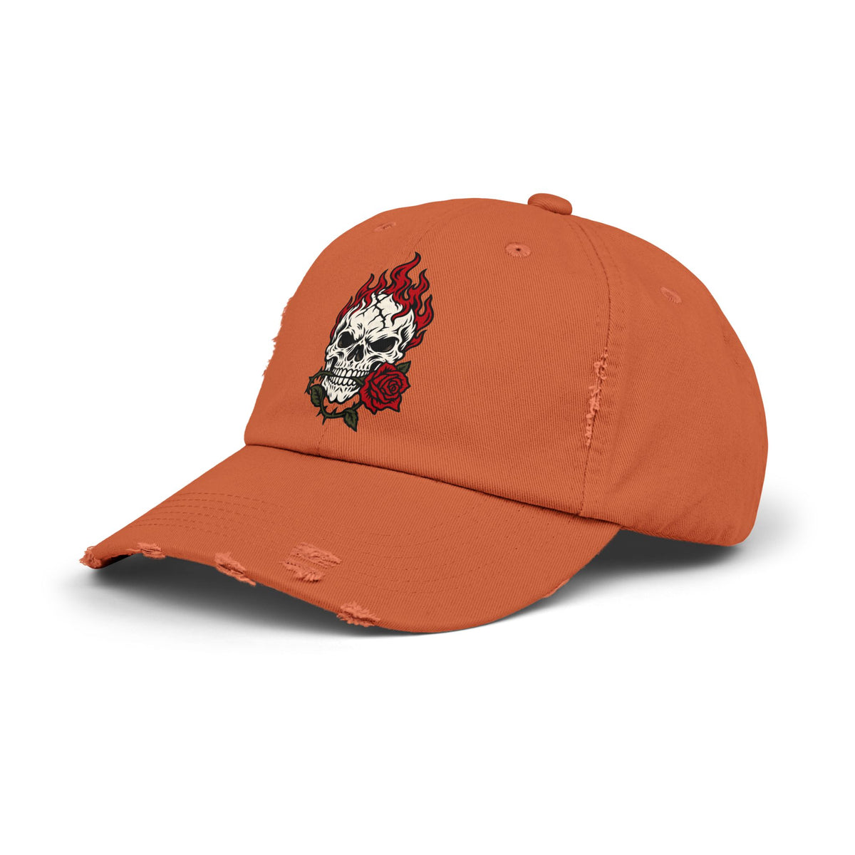 Distressed Cap — Flaming Skull with Rose