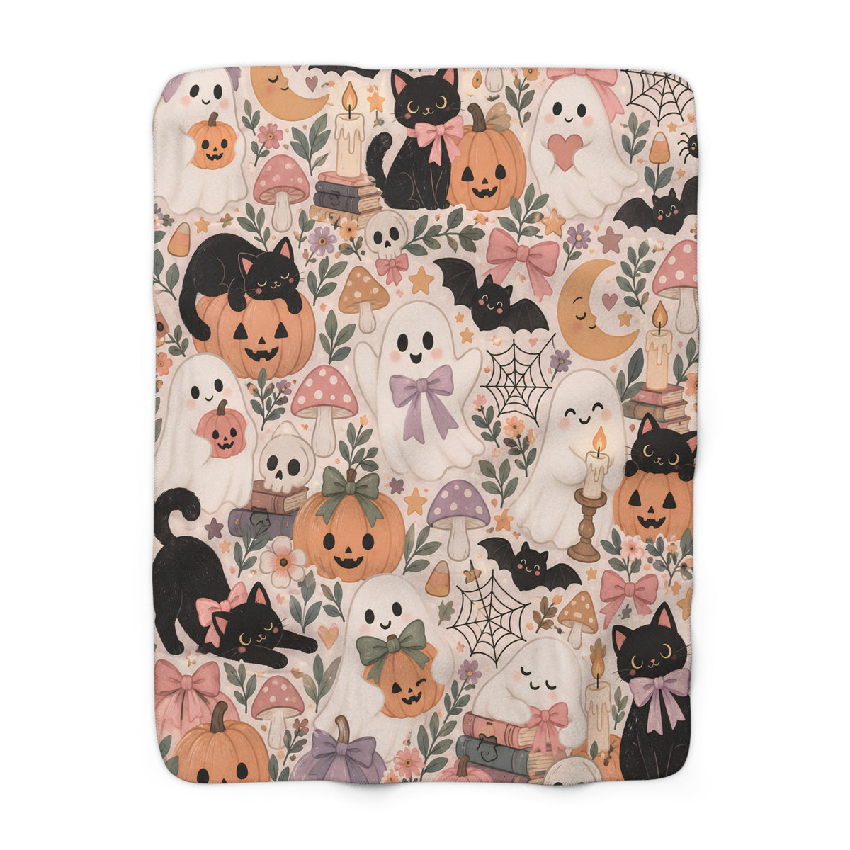 Cute Halloween Sherpa Blanket — Pastel Ghosts, Pumpkins & Black Cats Cozy Throw