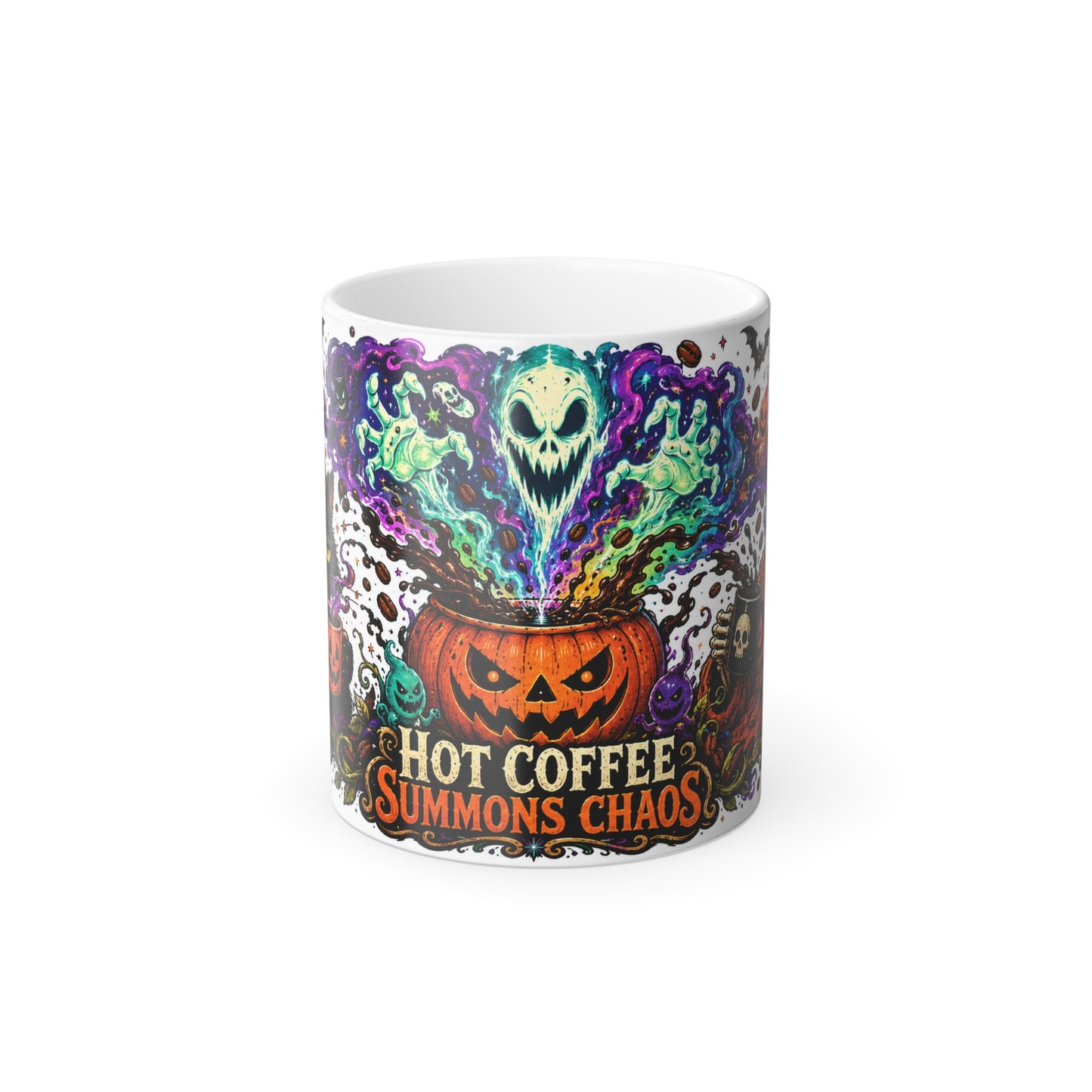 Color-Changing Mug — "Hot Coffee Summons Chaos" Halloween Pumpkin Ghost Design, 11oz