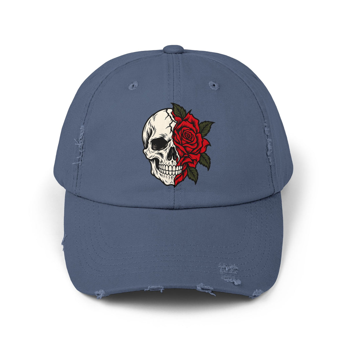 Skull & Rose Distressed Cap — Gothic Floral Baseball Hat