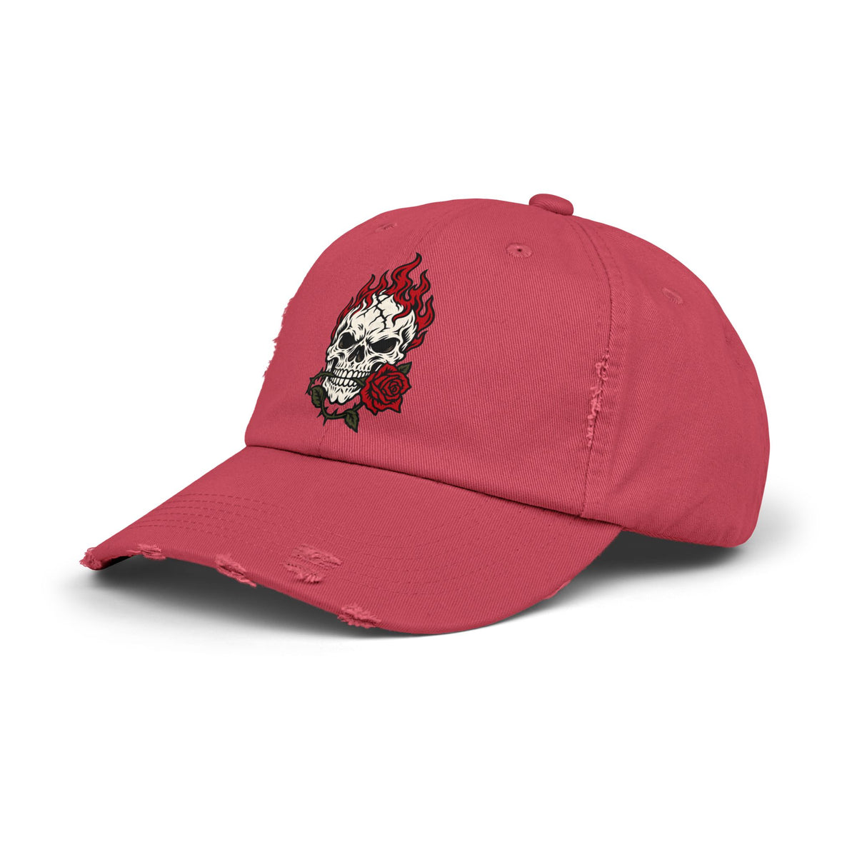 Distressed Cap — Flaming Skull with Rose