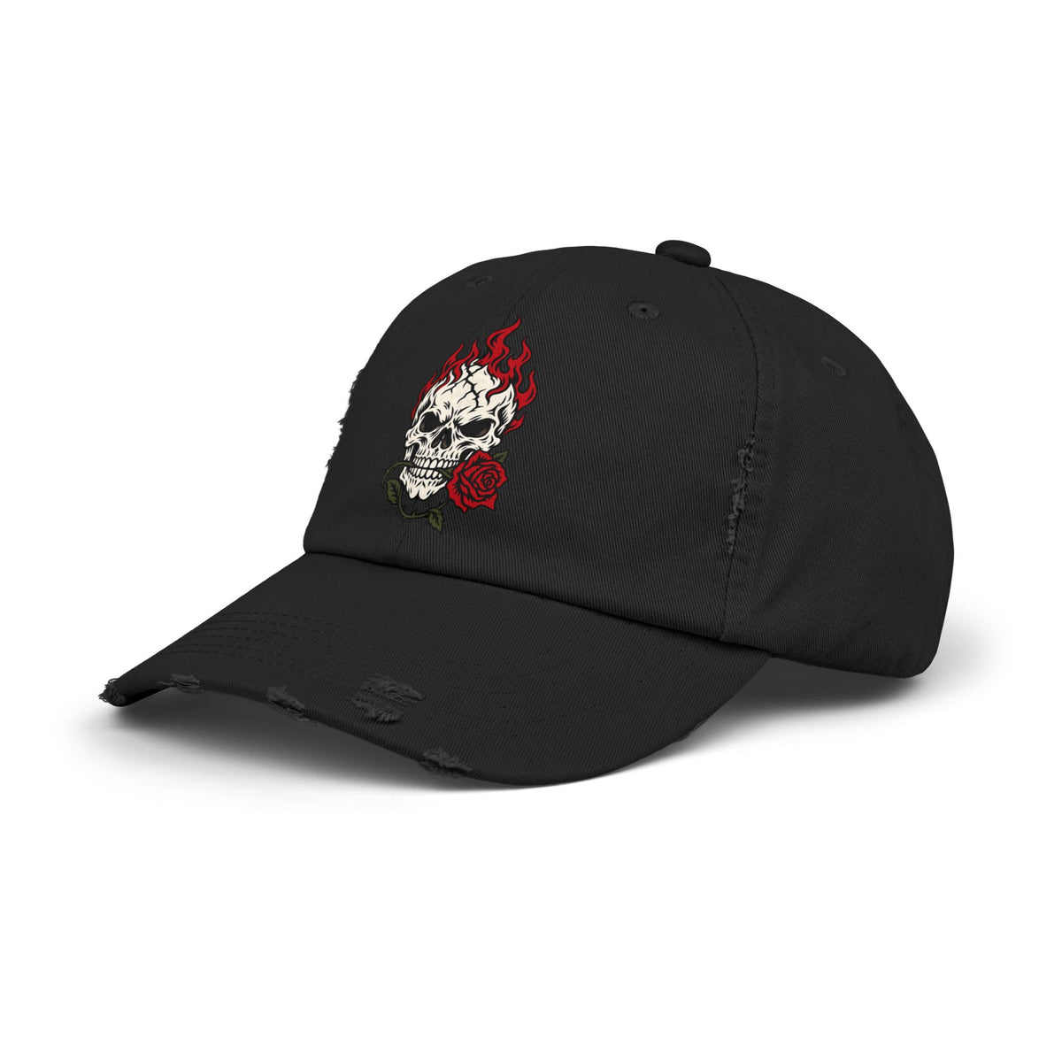 Distressed Cap — Flaming Skull with Rose