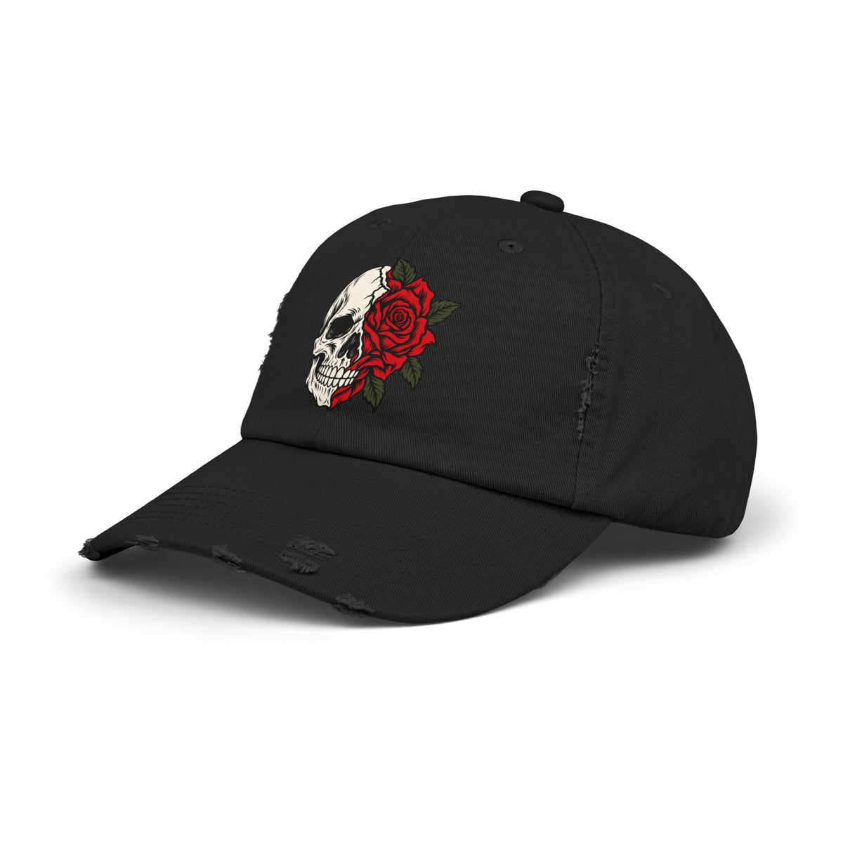 Skull & Rose Distressed Cap — Gothic Floral Baseball Hat
