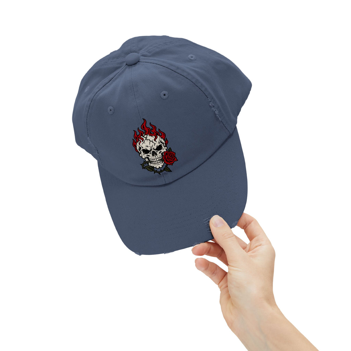 Distressed Cap — Flaming Skull with Rose