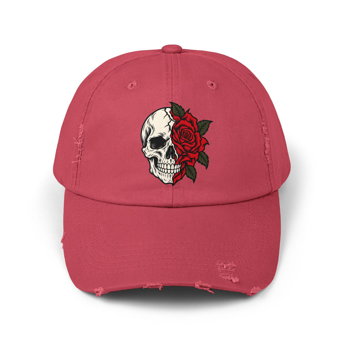 Skull & Rose Distressed Cap — Gothic Floral Baseball Hat