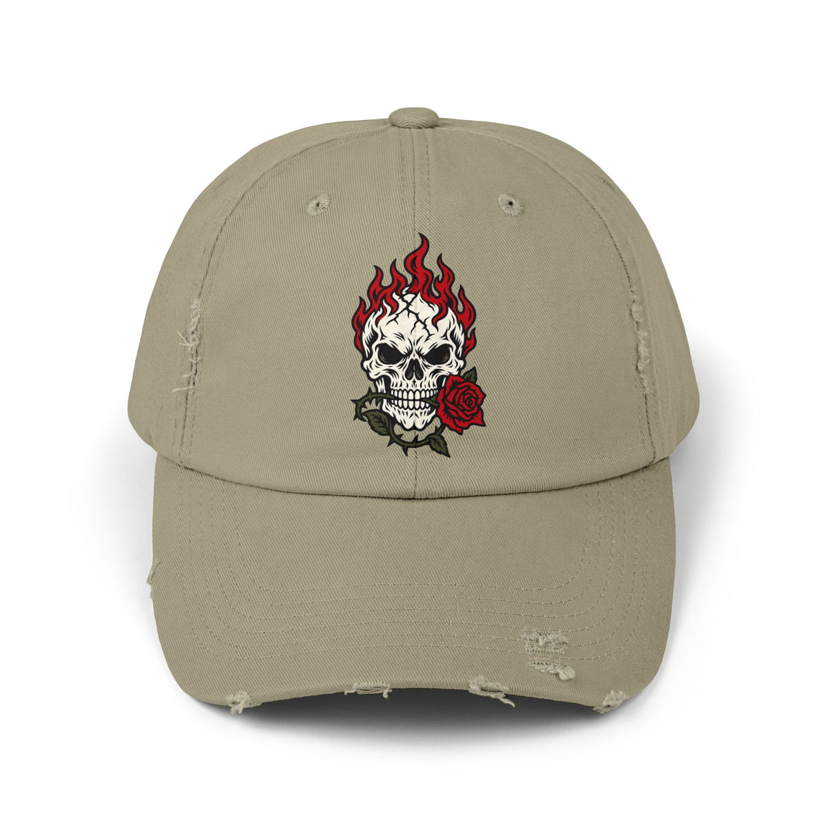 Distressed Cap — Flaming Skull with Rose