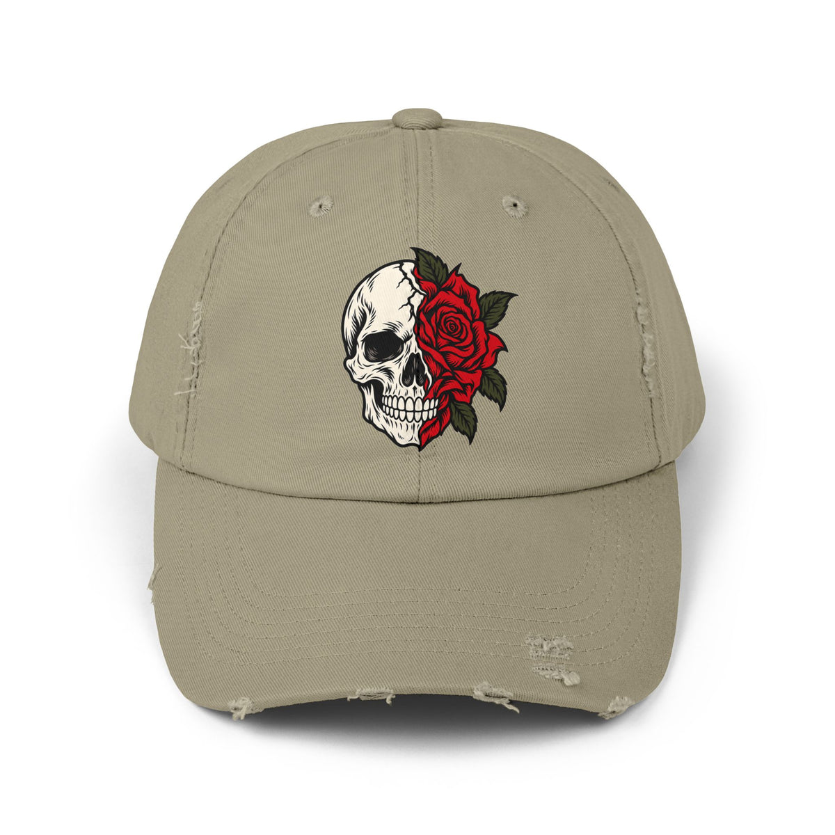 Skull & Rose Distressed Cap — Gothic Floral Baseball Hat