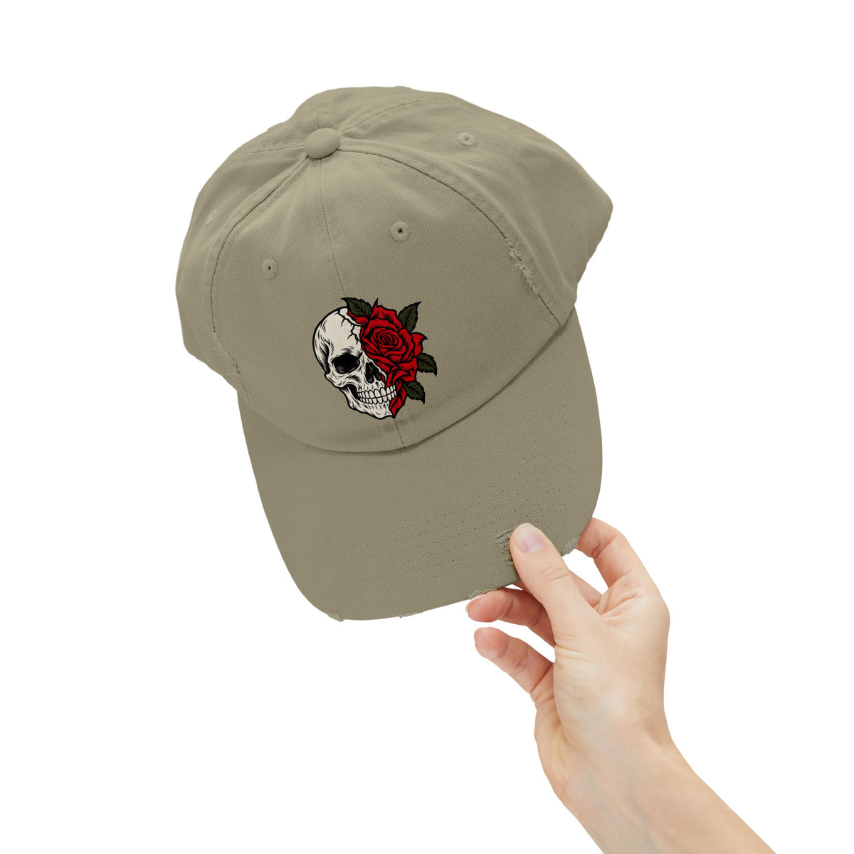 Skull & Rose Distressed Cap — Gothic Floral Baseball Hat