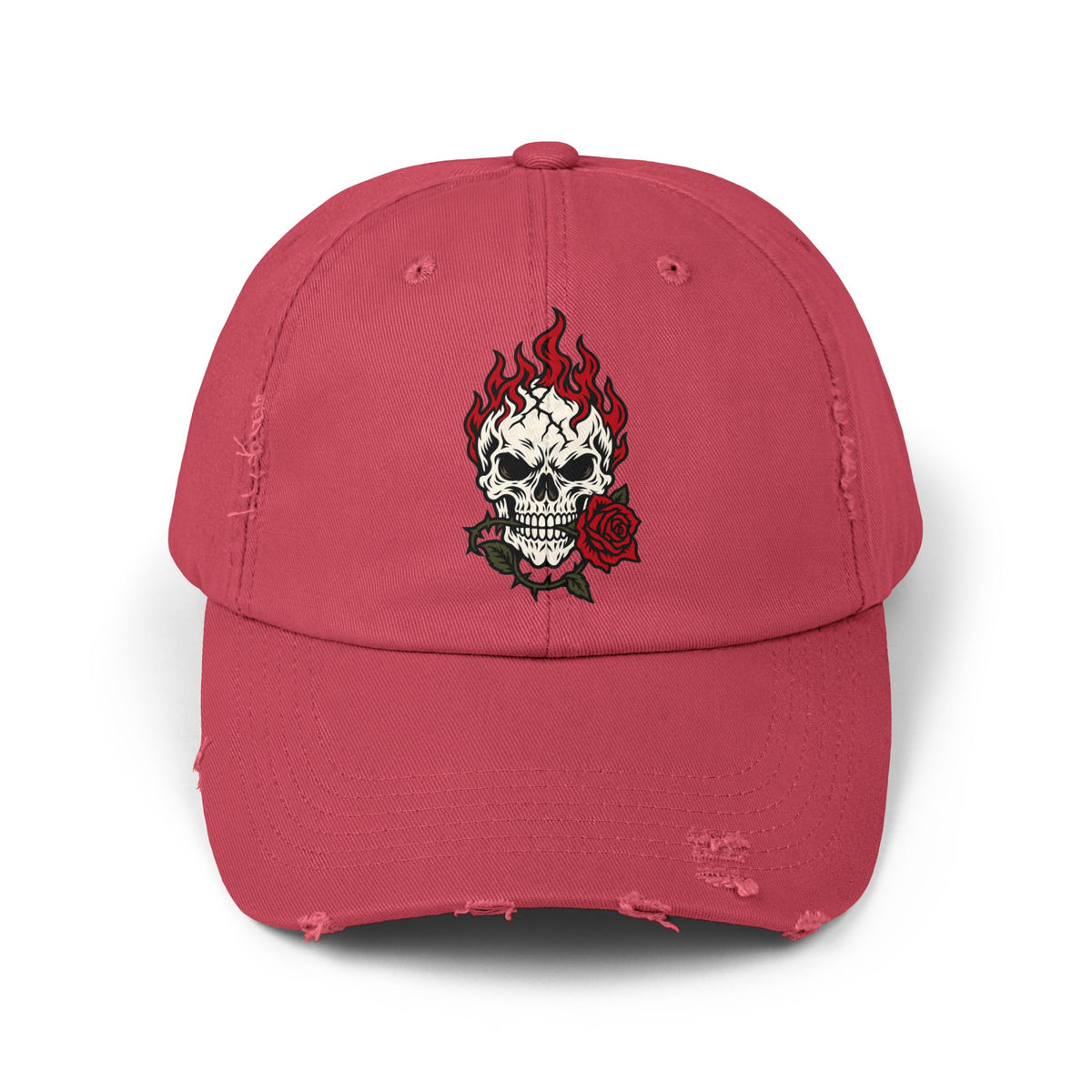 Distressed Cap — Flaming Skull with Rose