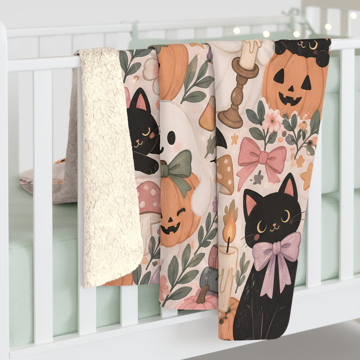 Cute Halloween Sherpa Blanket — Pastel Ghosts, Pumpkins & Black Cats Cozy Throw