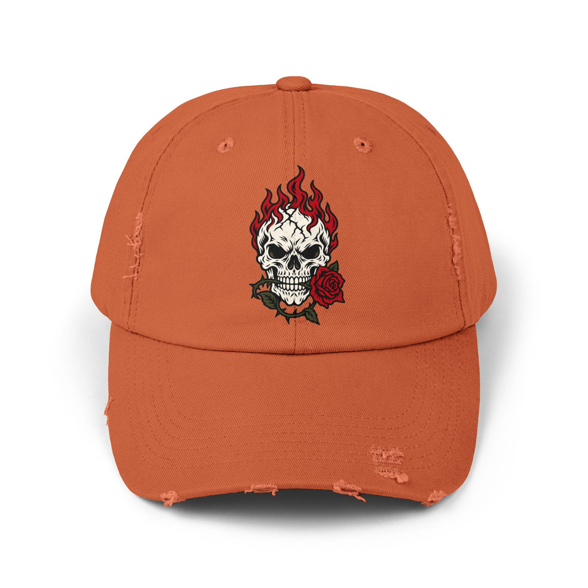 Distressed Cap — Flaming Skull with Rose