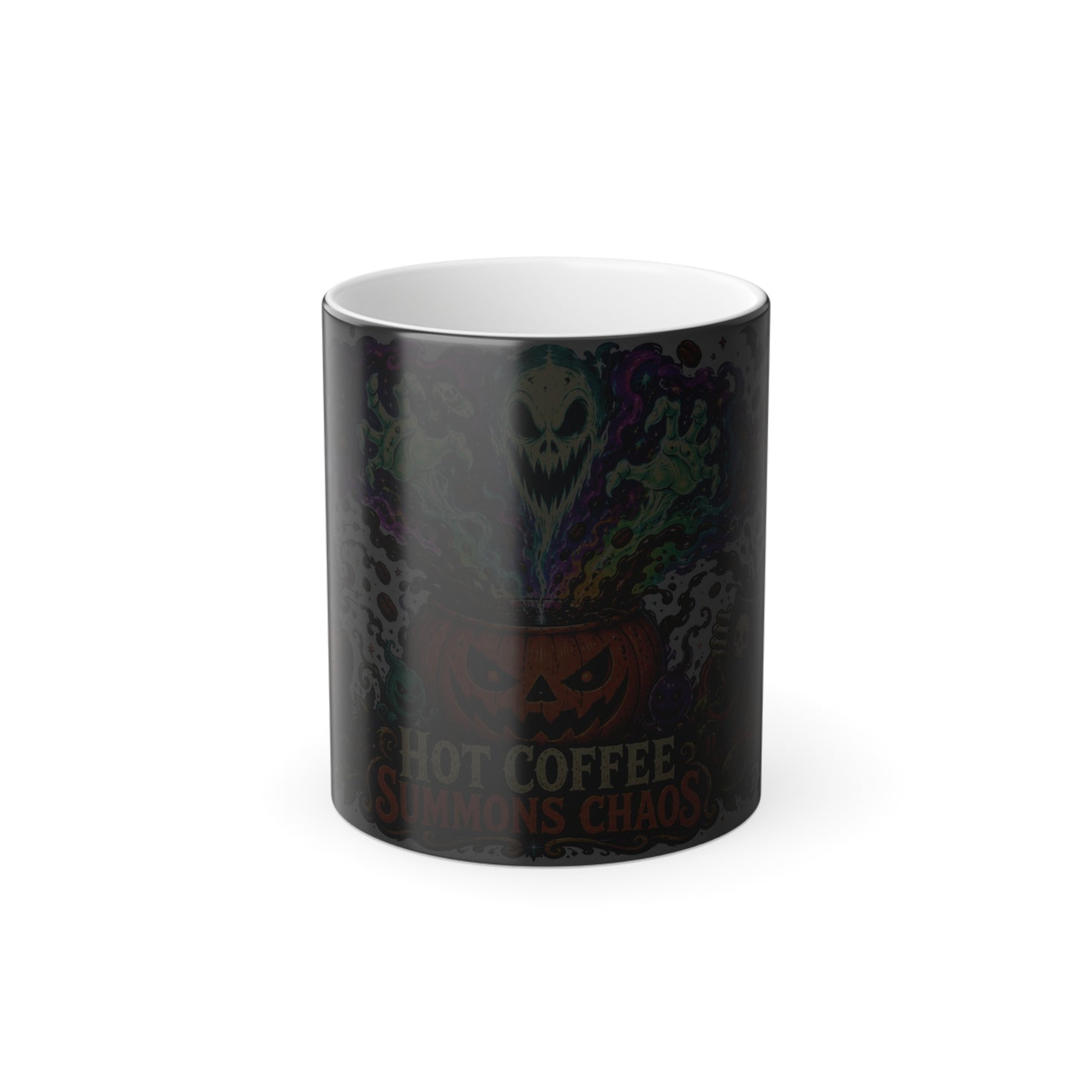 Color-Changing Mug — "Hot Coffee Summons Chaos" Halloween Pumpkin Ghost Design, 11oz