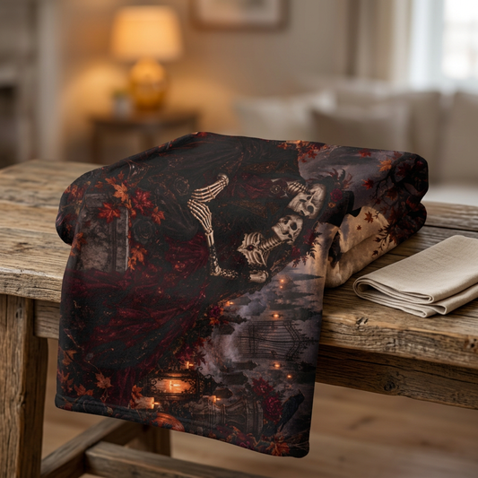 Gothic Skeleton Lovers Sherpa Blanket — Halloween Moonlight Fleece Throw