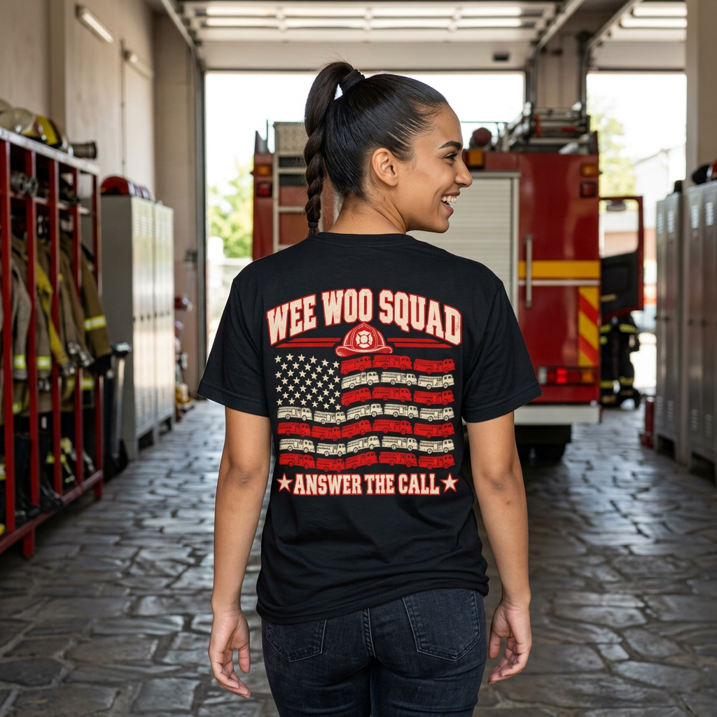 Firefighter Tee — “WEE WOO SQUAD” American Flag Backprint | Answer the Call