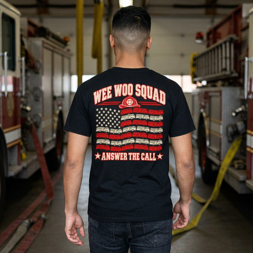 Firefighter Tee — “WEE WOO SQUAD” American Flag Backprint | Answer the Call