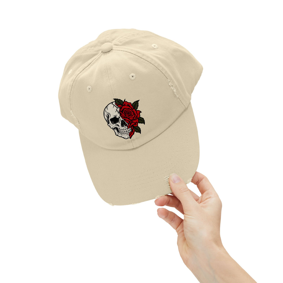 Skull & Rose Distressed Cap — Gothic Floral Baseball Hat