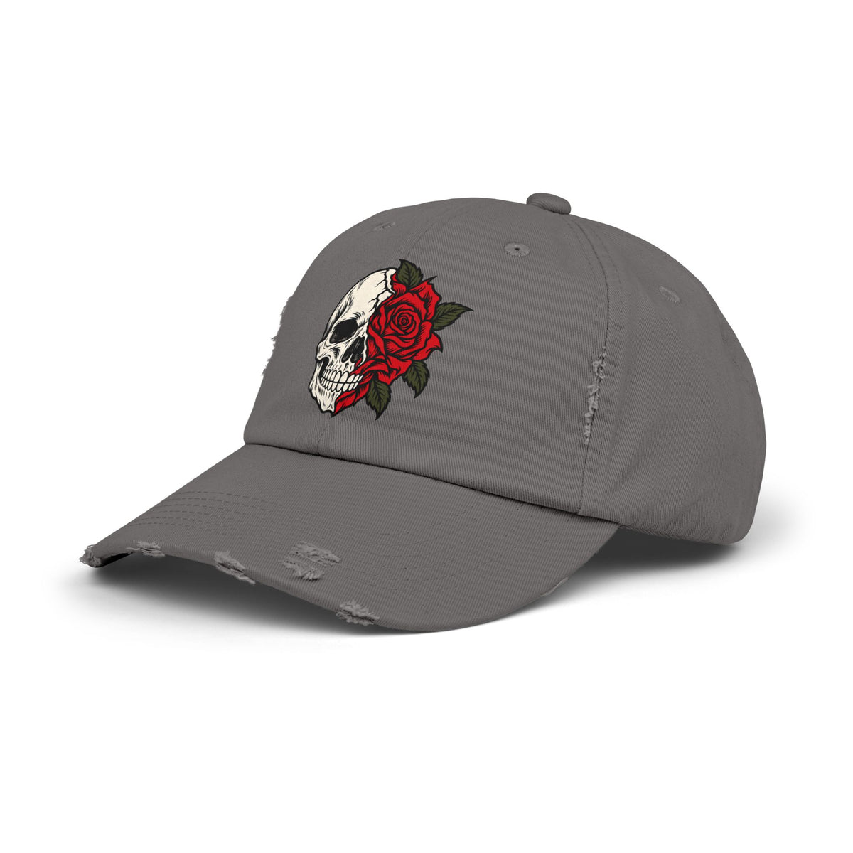 Skull & Rose Distressed Cap — Gothic Floral Baseball Hat