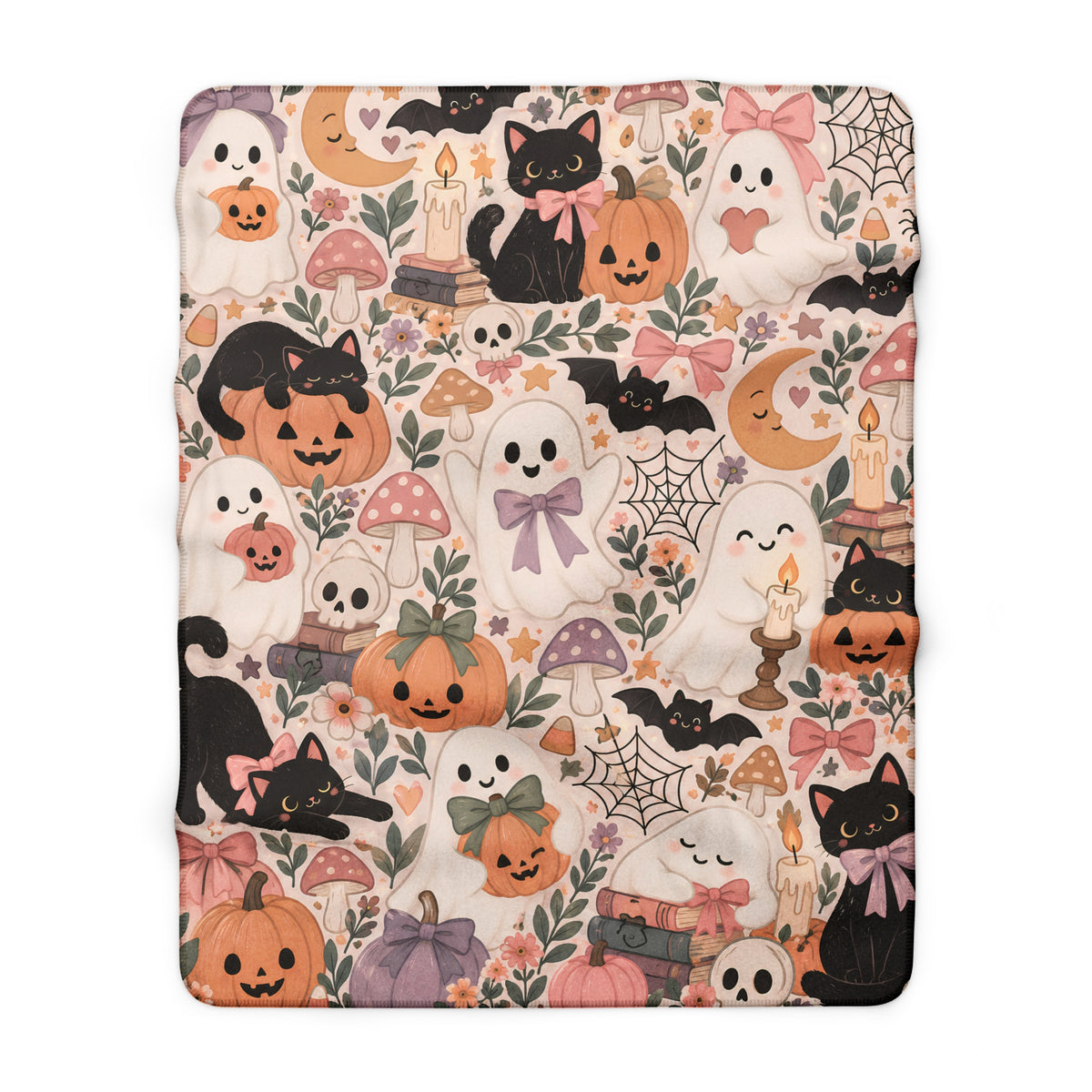 Cute Halloween Sherpa Blanket — Pastel Ghosts, Pumpkins & Black Cats Cozy Throw