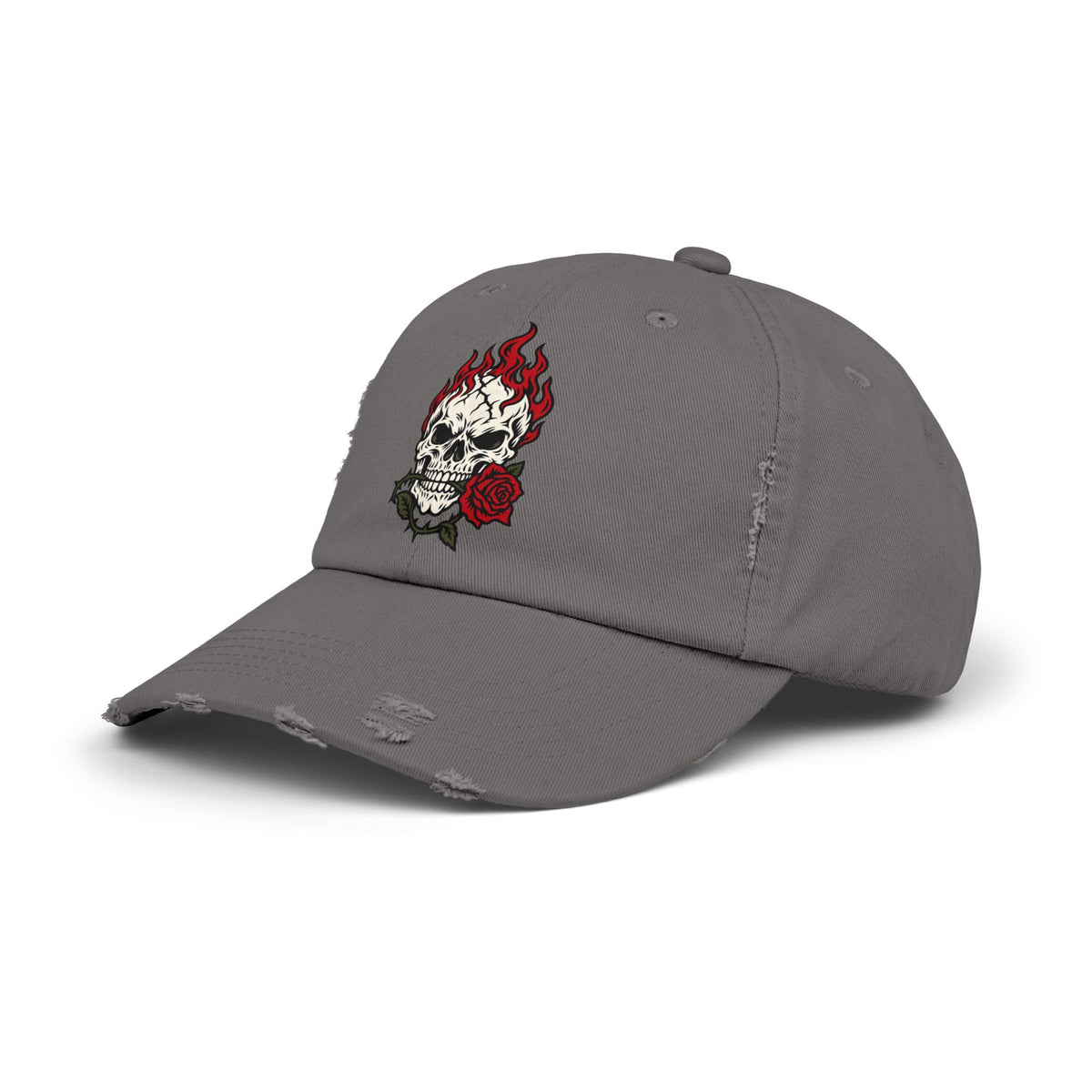 Distressed Cap — Flaming Skull with Rose