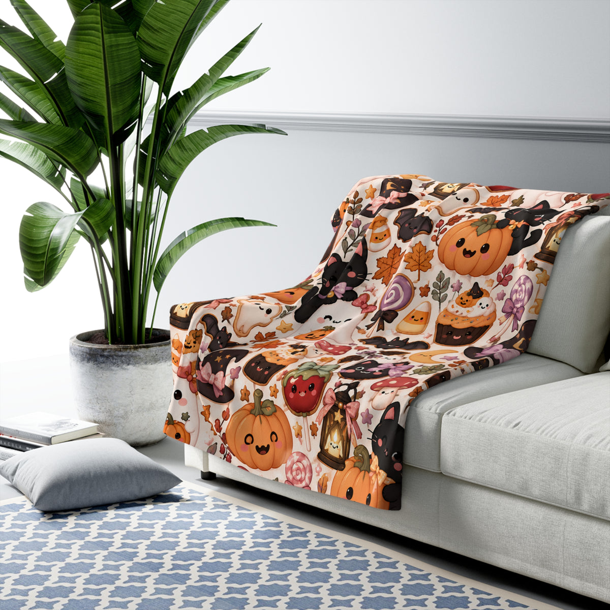 Halloween Cute Pattern Sherpa Blanket — Kawaii Pumpkins, Cats & Ghosts Cozy Throw