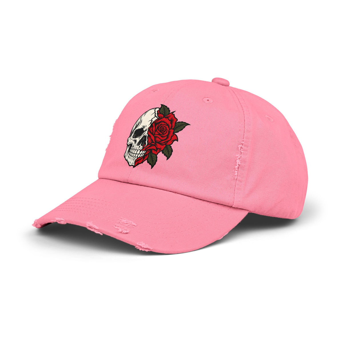 Skull & Rose Distressed Cap — Gothic Floral Baseball Hat