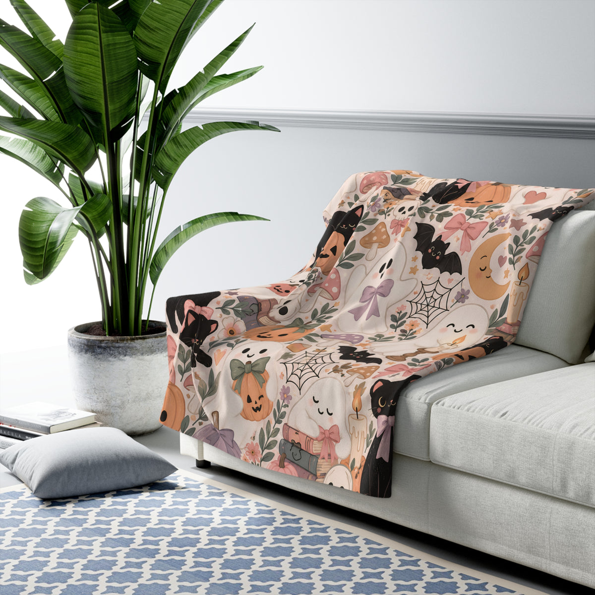 Cute Halloween Sherpa Blanket — Pastel Ghosts, Pumpkins & Black Cats Cozy Throw