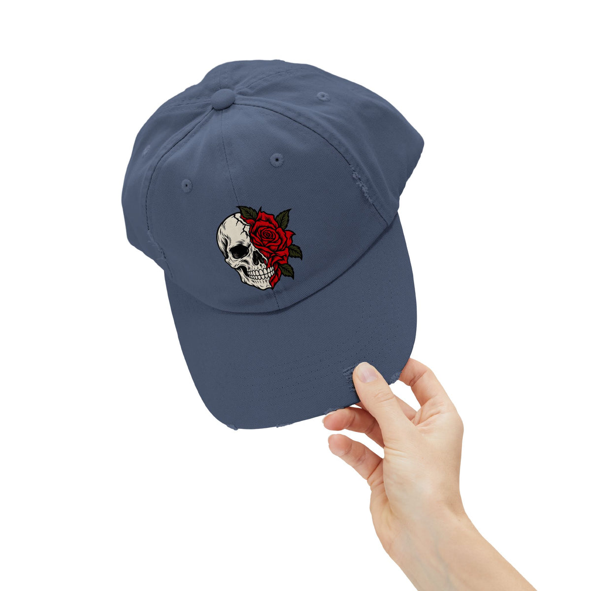 Skull & Rose Distressed Cap — Gothic Floral Baseball Hat
