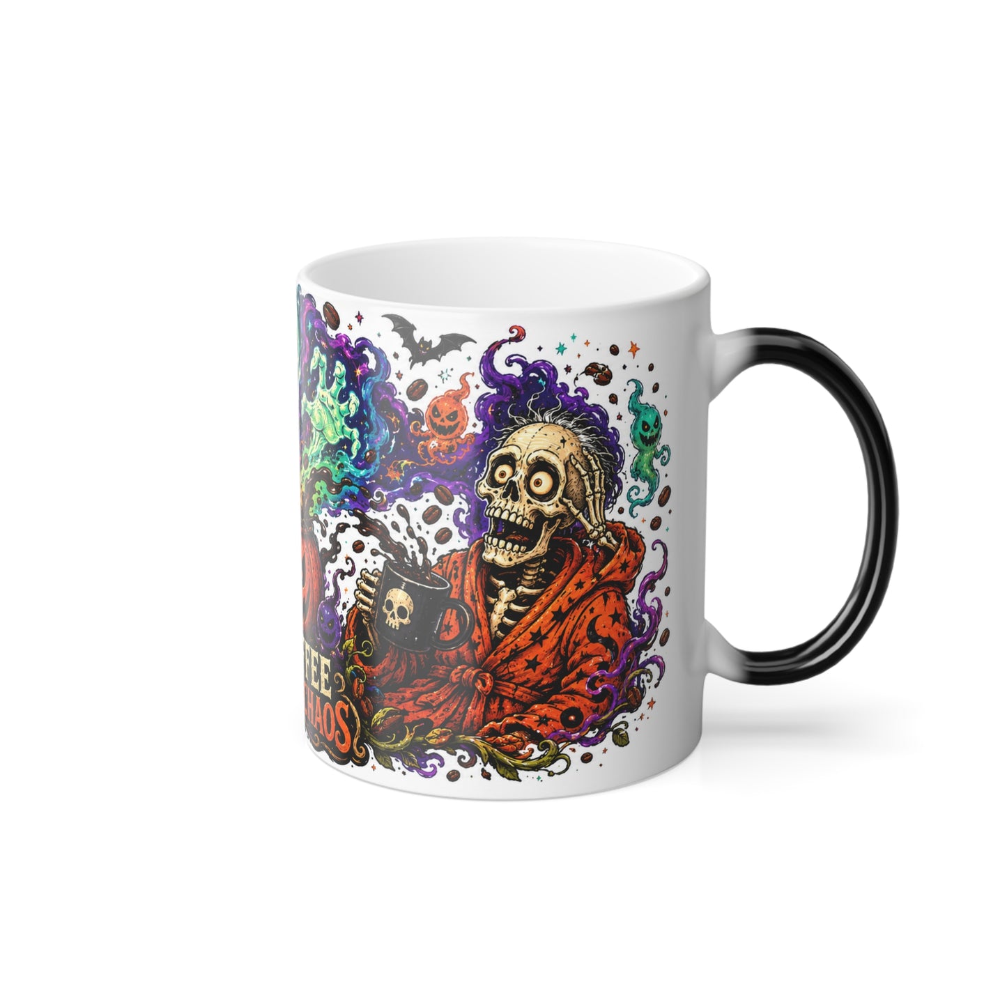 Color-Changing Mug — "Hot Coffee Summons Chaos" Halloween Pumpkin Ghost Design, 11oz