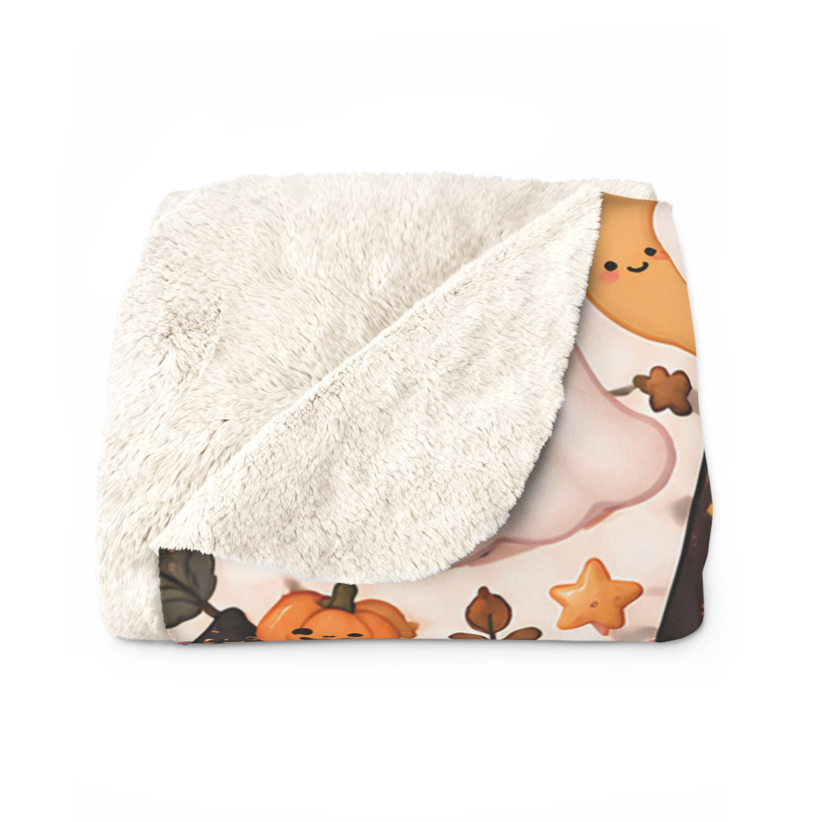 Halloween Cute Pattern Sherpa Blanket — Kawaii Pumpkins, Cats & Ghosts Cozy Throw
