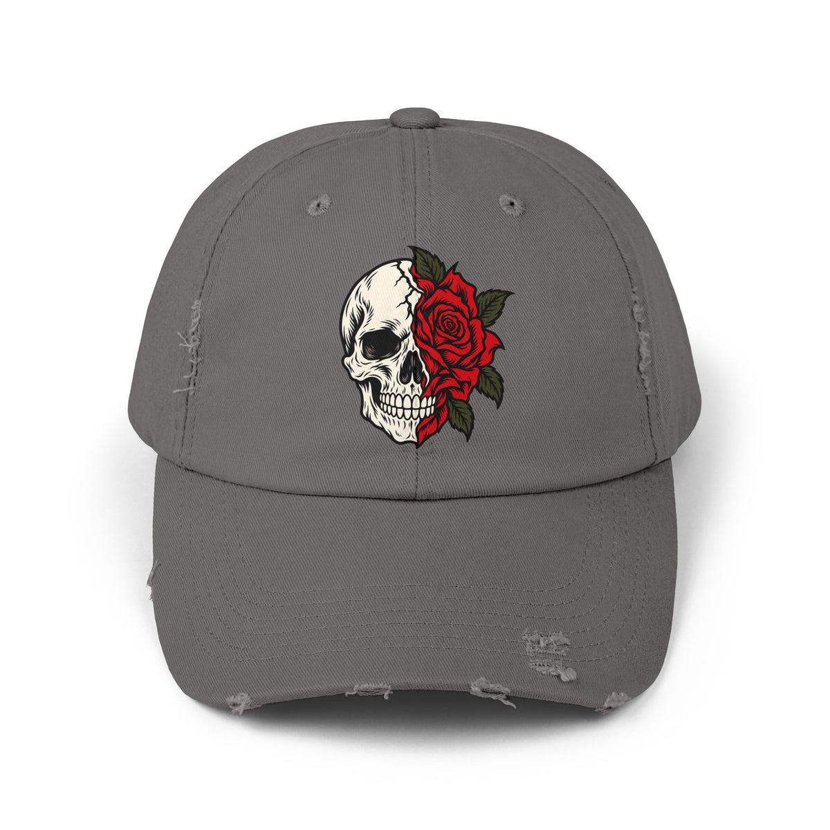 Skull & Rose Distressed Cap — Gothic Floral Baseball Hat
