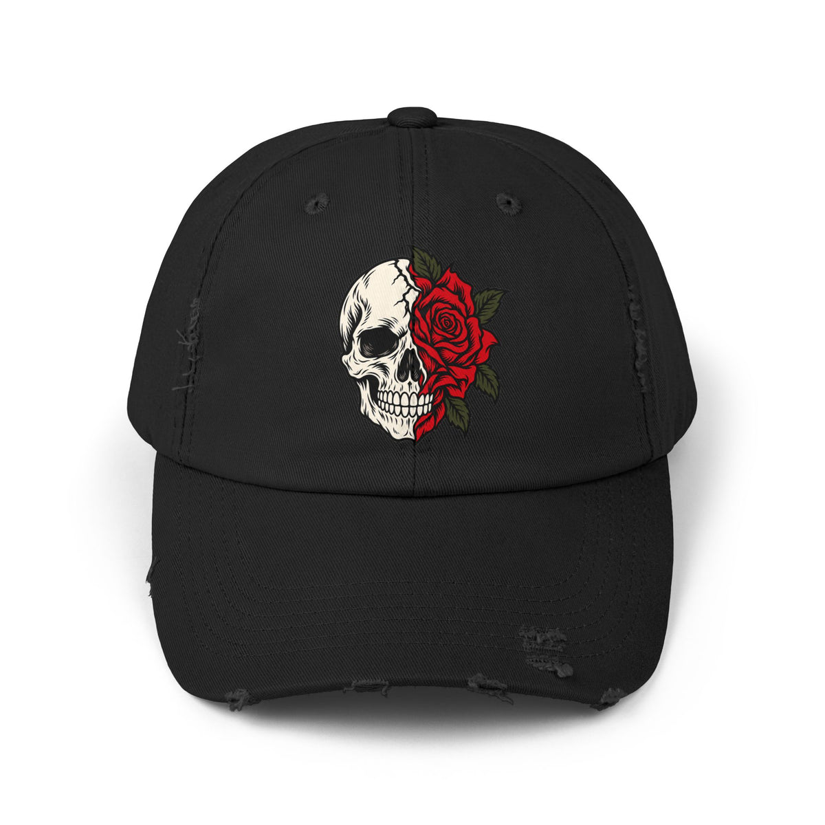 Skull & Rose Distressed Cap — Gothic Floral Baseball Hat