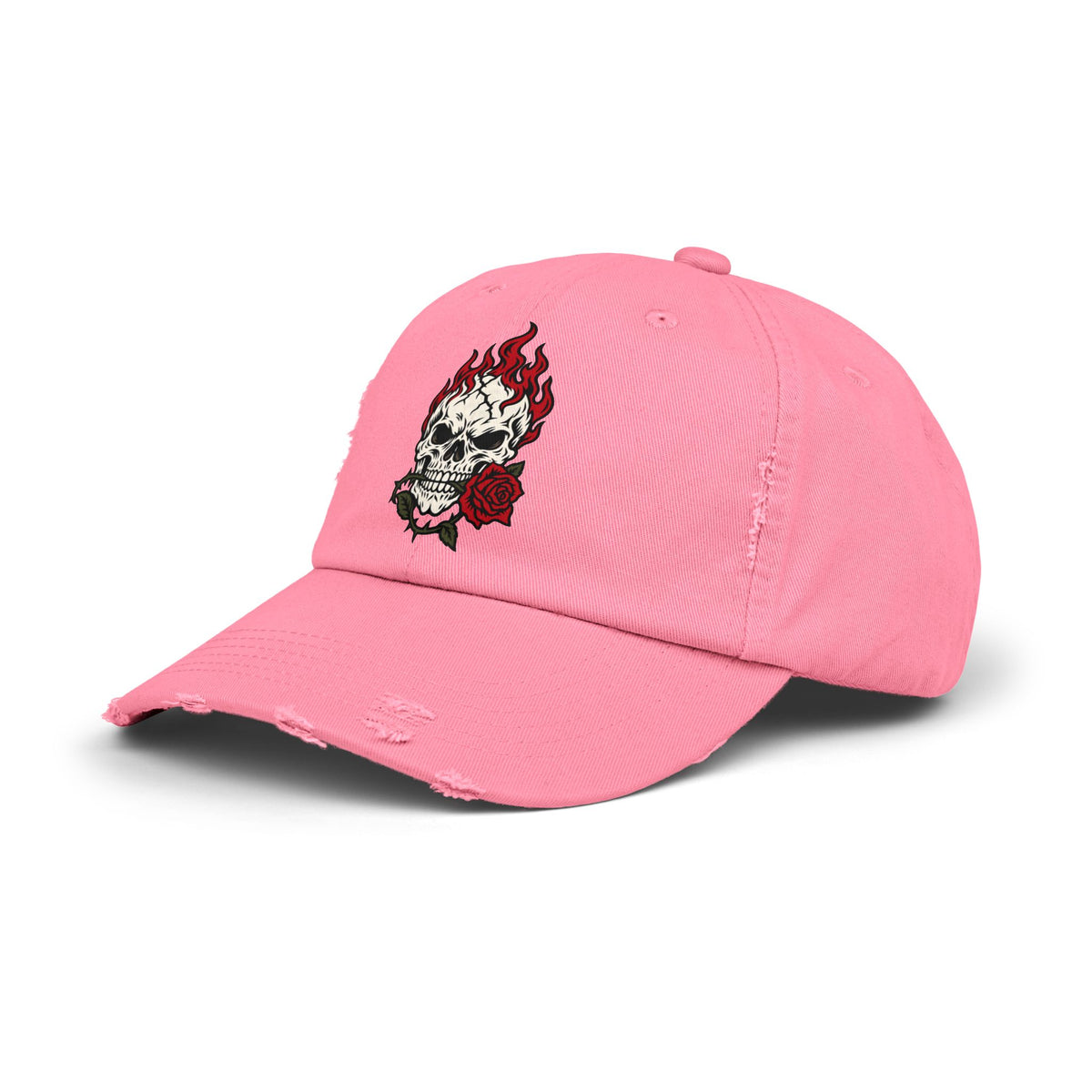 Distressed Cap — Flaming Skull with Rose